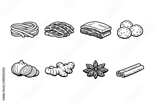 Food and Ingredients Icon Set. Featuring noodles, meat, fish, meatballs, onions, ginger, star anise, and cinnamon.
