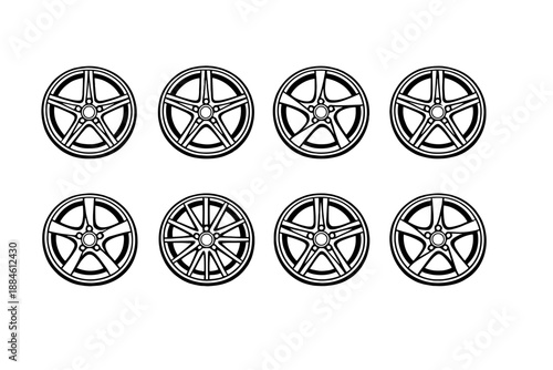 Vehicle Wheel Icon Set. Containing tire, rim, alloy, hub, design, aspect, rotation, performance, grip, balance, style and more.