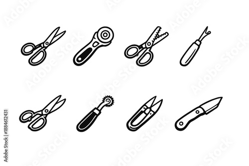 Tools and equipment icon set. Containing scissors, cutter, screwdriver, knife, utility, pliers, wrench, and more.