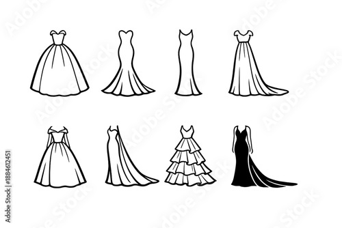 Fashion and dress icon set. Containing gown, elegant, evening, bridal, style, couture, outfit, attire, silhouette, fabric.