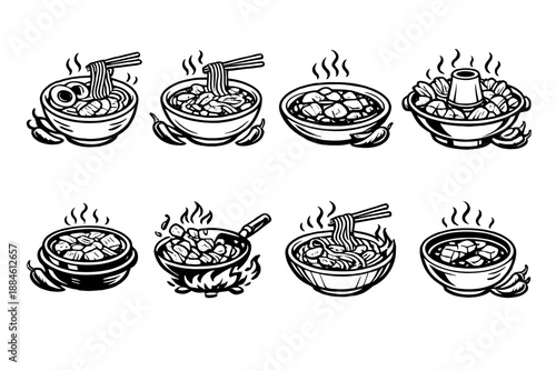 Food and Cuisine Icon Set. Containing noodles, soup, bowl, broth, garnish, chopsticks, ingredients, cooking and more.