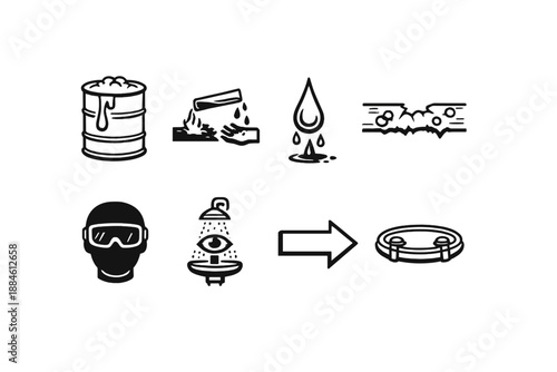 Hazard and safety icon set. Containing warning, alert, chemicals, protection, spill, leak, observation, goggles, helmet, barrier, precautions, signs, toxicity, first-aid, emergency
