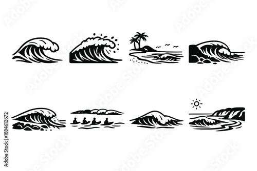 Ocean wave icon set. Including surf, sea, crest, foam, beach, ripples, tides, horizon, wavefront, shoreline, marine, current.