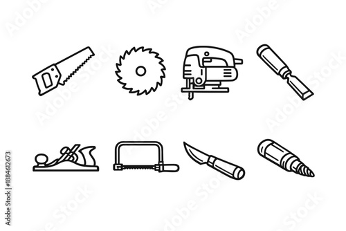 Tools and Equipment Icon Set: Featuring Saw, Drill, Hammer, Screwdriver, Plane, Cutter, Wrench, and More