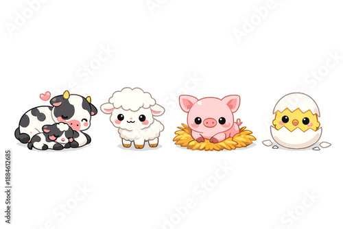 Farm animal icon set. Containing cow, sheep, pig, chick, egg, livestock, barn, agriculture, animal care, ranch, pasture, herd, feed, wool, dairy, pork, hatchling, roots, farmstead,