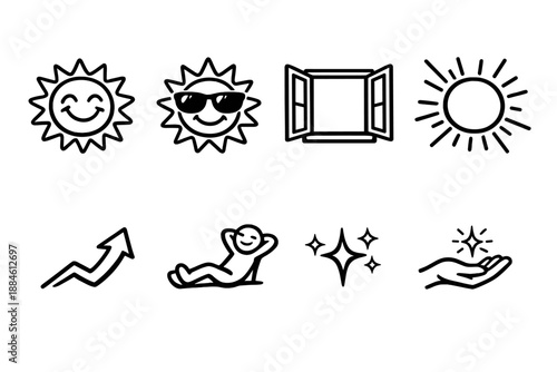 Sunshine and Relaxation Icon Set. Featuring sun, window, smile, growth, joy, sparkle, hand, and more.