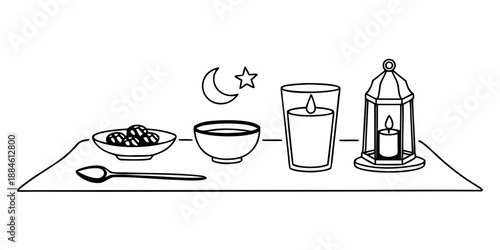 Traditional iftar meal setup for ramadan with dates, water, and an illuminated lantern