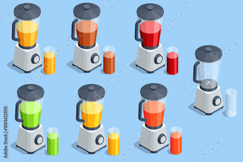 Blender juice set. Isometric blender with glass and fresh juice. Kitchen appliance for smoothie, cocktail and healthy drink preparation. Isolated isometric illustration for nutrition, kitchen and