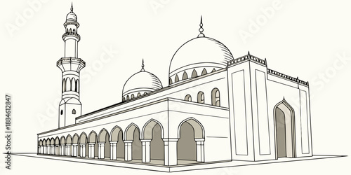Beautiful architectural line drawing of a grand mosque with domes and a towering minaret
