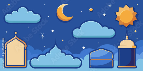Serene ramadan night sky illustration with islamic architecture, crescent moon, and stars