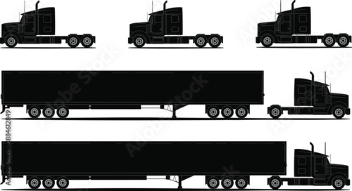 Black semi truck and long trailer silhouettes set, side view heavy freight transport vehicles for logistics, shipping, delivery and commercial trucking vector design
