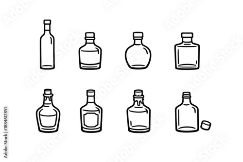 Bottle and jar icon set. Containing container, liquid, drink, beverage, storage, glass, seal, design, shape, alcohol, kitchen, bar, vintage, secure.