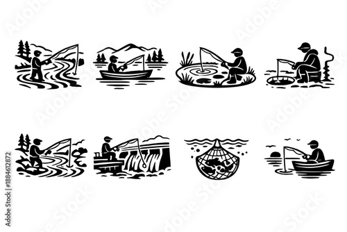 Fishing Icon Set. Containing angler, rod, reel, boat, lake, bait, hook, casting, catch, lure, tackle, pond, river, fisherman, net, water, smile, cast, charter, shore, deep, catch,