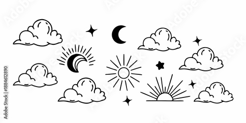 Minimalist celestial and weather doodle set featuring sun, moon, stars, and fluffy clouds