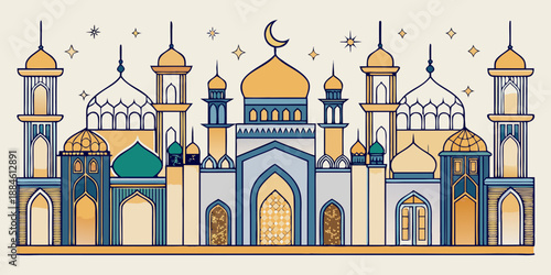Beautiful illustration of a mosque skyline with domes, minarets, and a crescent moon