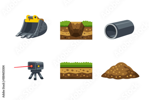 Construction and excavation icon set. Containing shovel, dirt, pipe, drill, laser, terrain, ground, equipment and more.