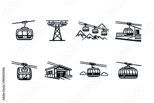 Cableway and transport icon set. Featuring gondola, lift, mountain, station, transport, cable, skiing, travel and more.