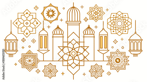 Elegant islamic art background with mosque, lanterns, and geometric patterns for festive occasions