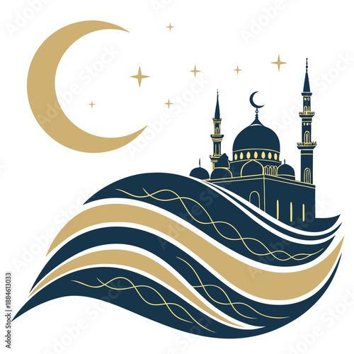 Islamic mosque silhouette with golden crescent moon and stars on a decorative background