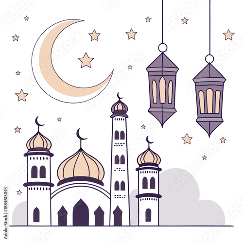 Decorative islamic holiday illustration with mosque, crescent moon, stars, and lanterns