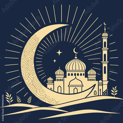 Golden mosque silhouette under a radiant crescent moon and stars on a dark night