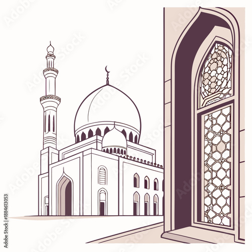 Beautiful line art illustration of a mosque featuring a grand dome and minaret with intricate window patterns