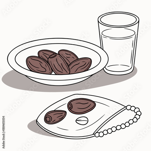 Iftar essentials: dates, water, and prayer beads for breaking fast in ramadan