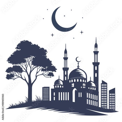 Elegant mosque silhouette under a crescent moon with stars and surrounding city