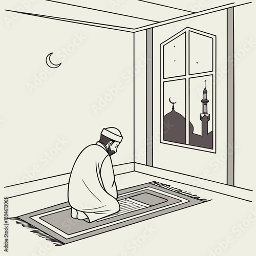 A muslim man performing sacred salah prayer at night with a view of mosque from his window