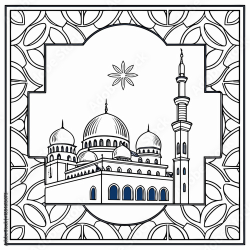 An elegant mosque with multiple domes and a towering minaret, set within a decorative frame