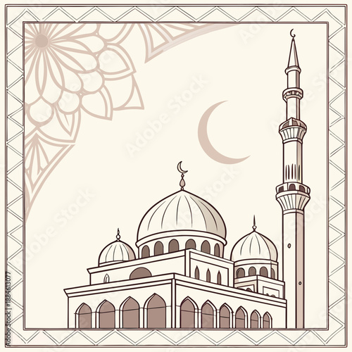 Serene mosque illustration featuring domes, a minaret, and crescent moon, within an ornate frame