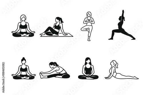 Wellness and fitness icon set. Containing yoga, meditation, exercise, stretch, pose, health, balance, lifestyle and more.