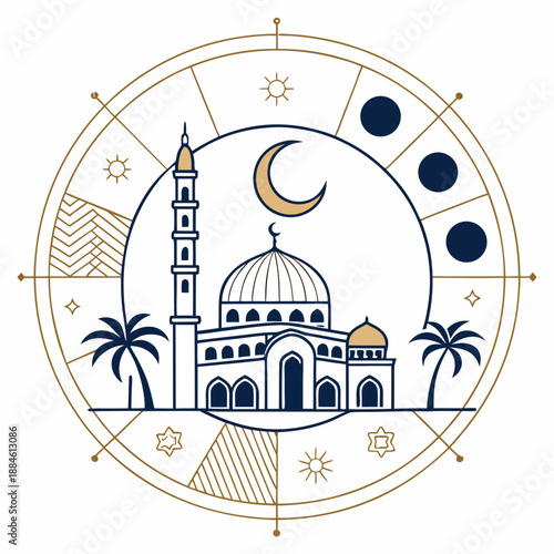 A serene mosque and crescent moon framed by a celestial circle with astrological patterns