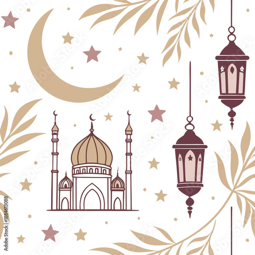 Elegant islamic background illustration with mosque, crescent moon, lanterns, and stars for holy occasions