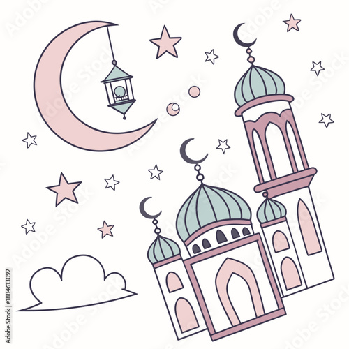 A serene islamic celebration scene featuring mosques, crescent moon, and stars in soft pastel colors