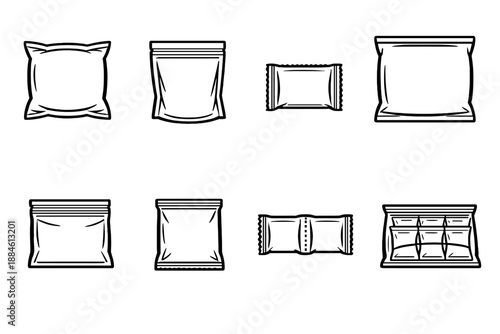 Food packaging icon set. Containing bags, pouches, wrappers, boxes, containers, and more.