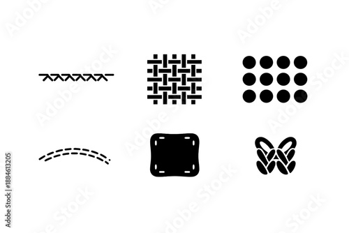 Textile and fabric icon set. Containing pattern, weave, texture, stitch, thread, design, material, fabric, fiber, cloth, textile, sewing, knitting, grid, print, surface, background