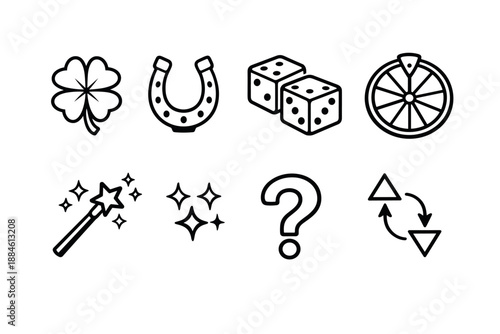 Luck and chance icon set. Containing clover, horseshoe, dice, roulette, wand, sparkles, question, cycle.