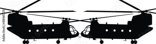 Black tandem rotor military helicopters silhouette icon set, front to front side view for aviation, defense, transport and rescue vector design