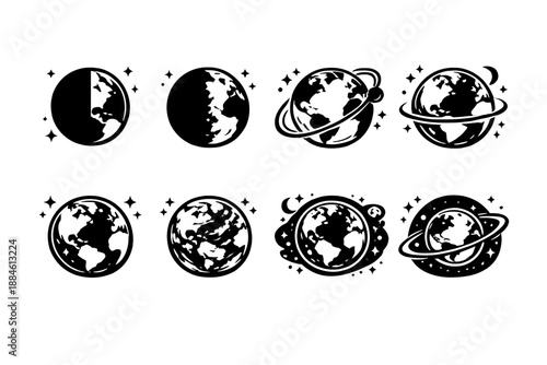 Space and celestial icons set. Featuring planets, stars, galaxies, orbits, universe, astronomy, satellites, and more.