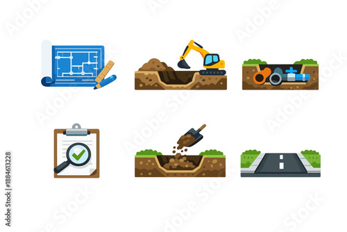 Construction and excavation icons set. Including blueprint, machinery, tools, road, site, dirt, inspection, and more.
