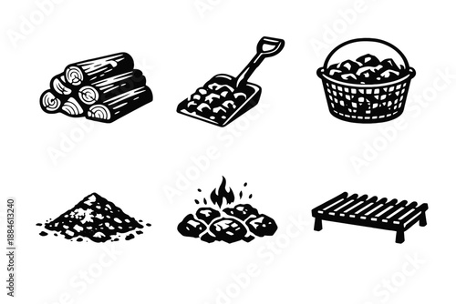 Firewood and Fuel Icon Set: Featuring Logs, Coal, Shovel, Basket, Ashes, and More