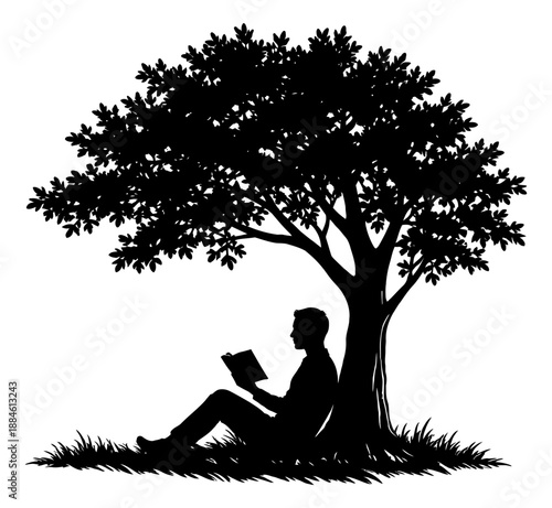 Graphic silhouette illustration of a man under a tree depicting reading a book for education and leisure