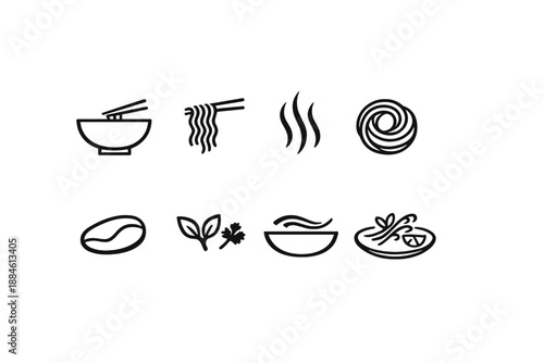 Food and dining icon set. Containing bowl, noodles, steam, swirl, bean, leaf, herbs, soup, dish and more.