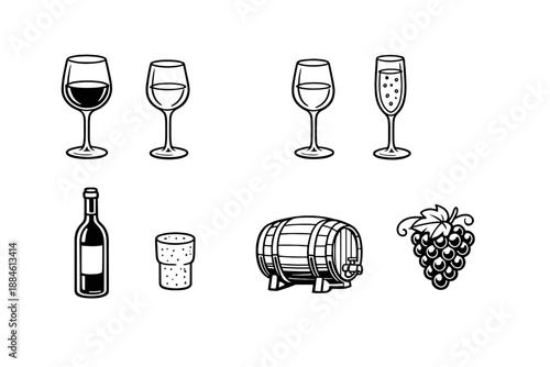 Beverage and wine icon set. Featuring glasses, bottle, barrel, grapes, cork, sparkling, red, white and more.