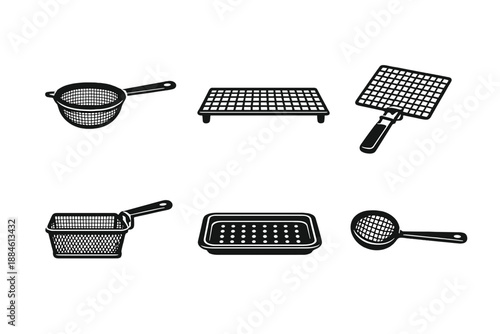 Kitchen tools icon set. Containing colander, strainer, rack, spatula, basket, tray, sieve and more.