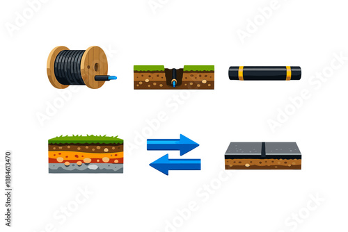 Construction and Infrastructure Icon Set. Featuring tools, cables, pipes, layers, soil, and junction.