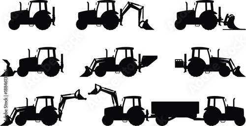 Black tractor and backhoe silhouettes set, agricultural and construction machinery vehicles collection for farming, excavation and heavy equipment vector design icon set