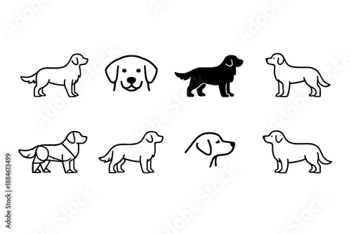 Dog and pet icons set. Featuring breeds, paws, collar, tail, leash, feeding, grooming, training, and more.