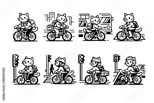 Biking icon set. Featuring cyclist, bicycle, transportation, helmet, city, street, travel, commute, and more.